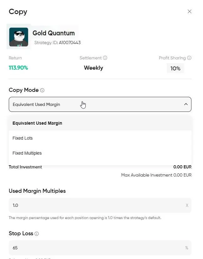 Vantage Markets Copytrading setup - Step 5 Set Parameters